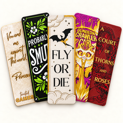 BookTok bookmarks: Twisted Games, Probably Smut, Fourth Wing Fly or Die centered, Dungeon Crawler Carl and red ACOTAR