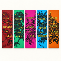 ACOTAR — five bookmark designs in red, green, pink, blue and orange