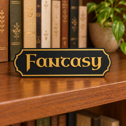 Fantasy approved fixed lettering, shown on a freestanding genre sign as a lettering and color example.