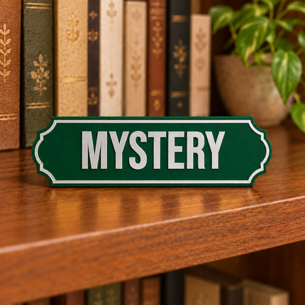 Mystery approved fixed lettering, shown on a freestanding genre sign as a lettering and color example.