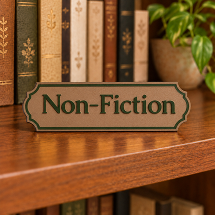 Non-Fiction approved fixed lettering, shown on a freestanding genre sign as a lettering and color example.