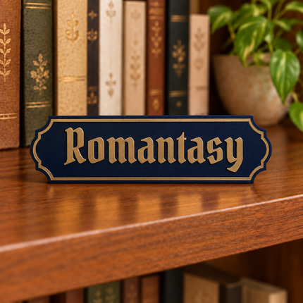 Romantasy approved fixed lettering, shown on a freestanding genre sign as a lettering and color example.