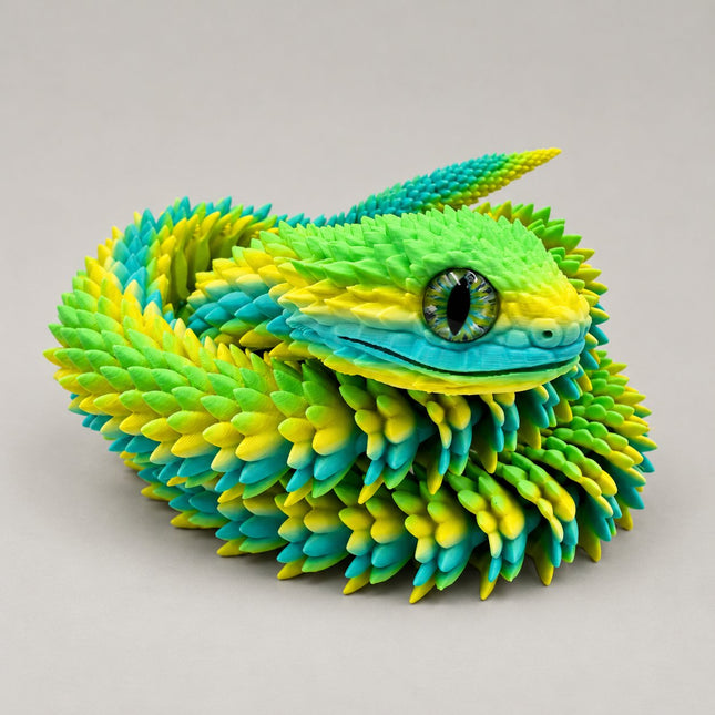 Articulated bush viper with glass eyes photographed on a warm gray studio background