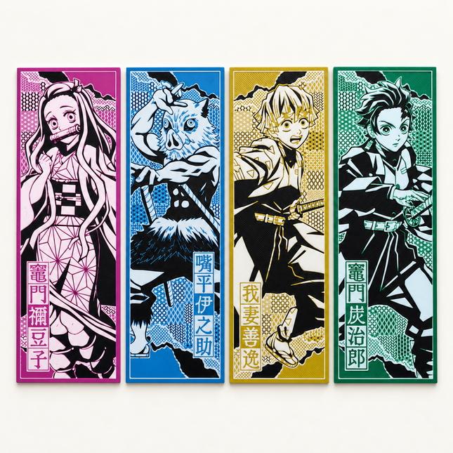 Four Elemental Legends anime bookmarks displayed together in pink, blue, yellow, and green.