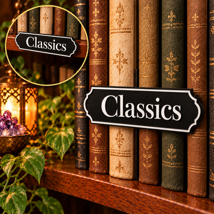 Classics floating shelf-mount genre sign shown in front of books, with an inset showing placement on the shelf edge. Example colors shown.