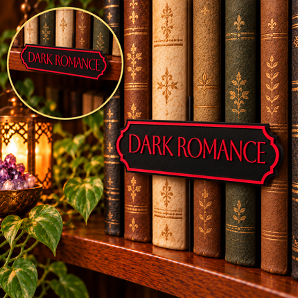 Dark Romance floating shelf-mount genre sign shown in front of books, with an inset showing placement on the shelf edge. Example colors shown.