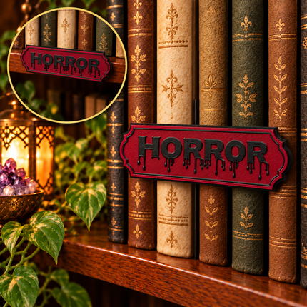 Horror floating shelf-mount genre sign shown in front of books, with an inset showing placement on the shelf edge. Example colors shown.