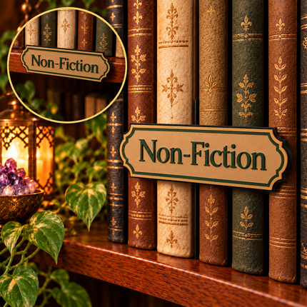 Non-Fiction floating shelf-mount genre sign shown in front of books, with an inset showing placement on the shelf edge. Example colors shown.