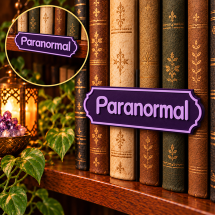 Paranormal floating shelf-mount genre sign shown in front of books, with an inset showing placement on the shelf edge. Example colors shown.