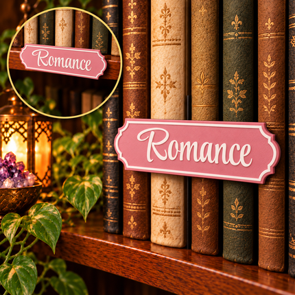 Romance floating shelf-mount genre sign shown in front of books, with an inset showing placement on the shelf edge. Example colors shown.