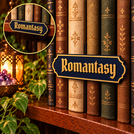 Romantasy floating shelf-mount genre sign shown in front of books, with an inset showing placement on the shelf edge. Example colors shown.