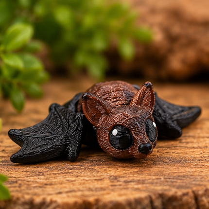 Front three-quarter view of Micro Bat miniature on a warm stone display with greenery.