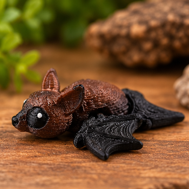 Side view of Micro Bat miniature on a warm stone display with greenery.