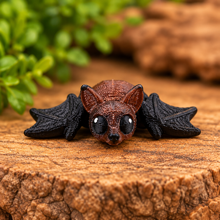 Front view of brown Micro Bat with black wings on a warm stone display.