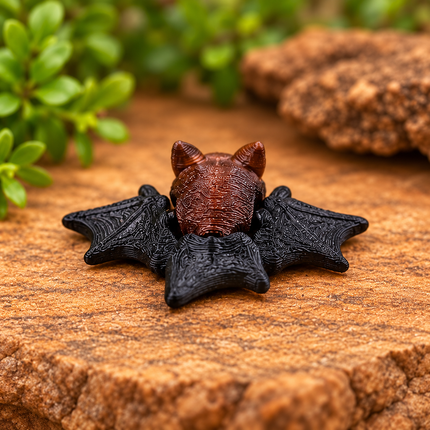 Rear view of brown Micro Bat with black wings fully spread on a warm stone display.