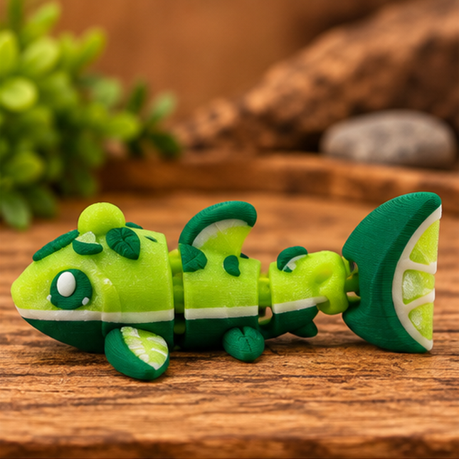 Side view of Micro Lime Shark miniature on a warm stone display with greenery.
