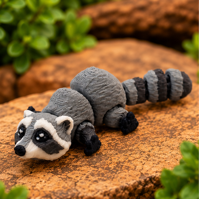 Micro racoon miniature on a warm stone display with greenery.