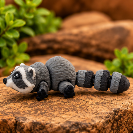 Micro racoon miniature on a warm stone display with greenery.