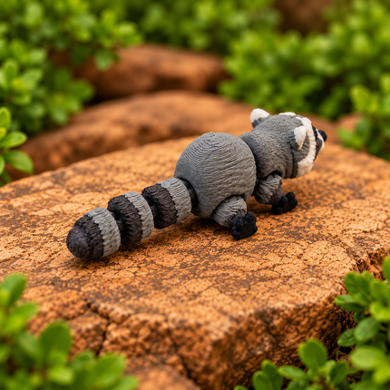 Rear view of the gray Micro Racoon miniature with its full striped tail on a warm stone display.