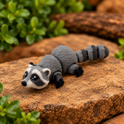 Micro racoon miniature on a warm stone display with greenery.