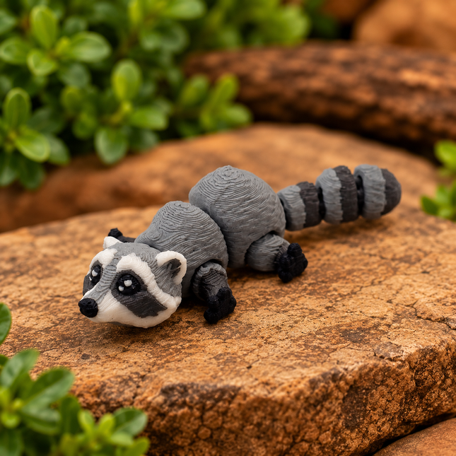 Micro racoon miniature on a warm stone display with greenery.