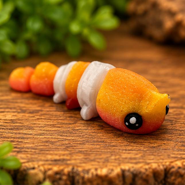 Front three-quarter view of Micro Shrimp miniature on a warm stone display with greenery.