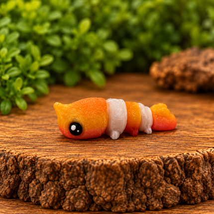 Side view of orange and white Micro Shrimp on a warm stone display.