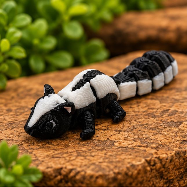 Micro skunk miniature on a warm stone display with greenery.