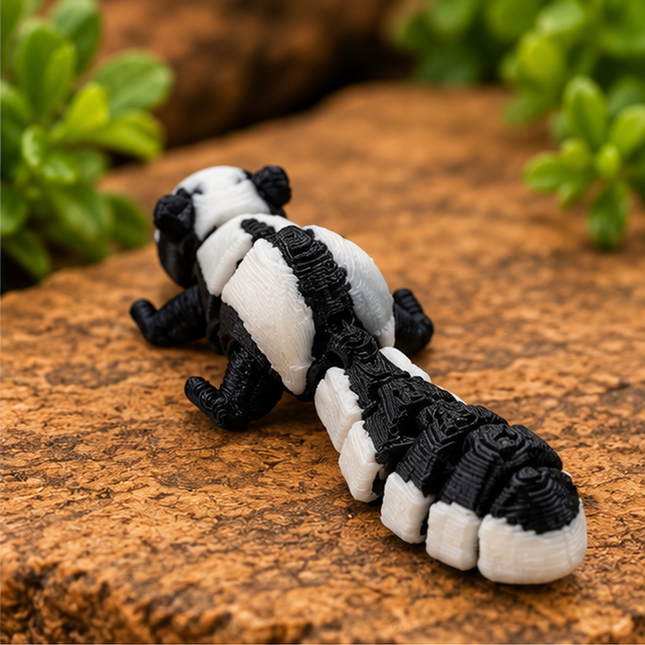 Micro skunk miniature on a warm stone display with greenery.