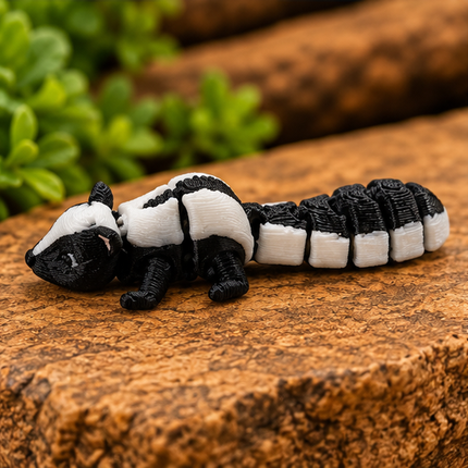 Micro skunk miniature on a warm stone display with greenery.