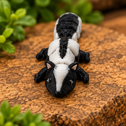 Micro skunk miniature on a warm stone display with greenery.
