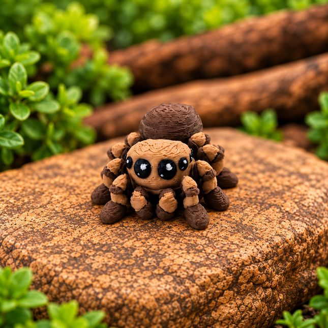 Front view of the tan and brown Micro Spider miniature on a warm stone display.