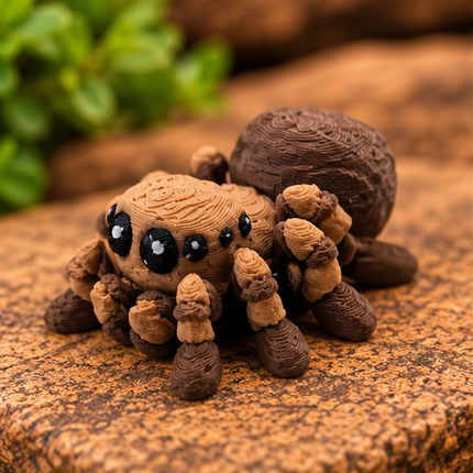 Micro spider miniature on a warm stone display with greenery.