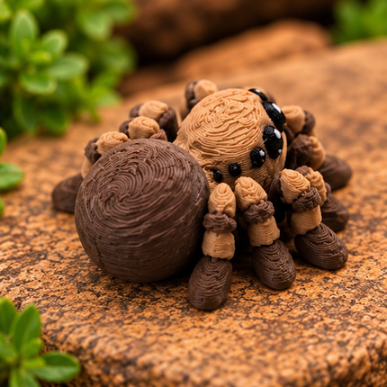 Micro spider miniature on a warm stone display with greenery.