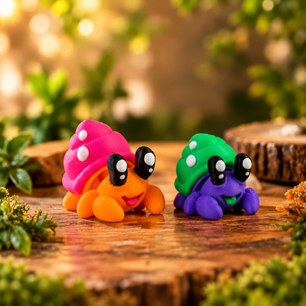Orange and Purple Micro Hermit Crab miniatures with pink and green shells together on a wooden surface.