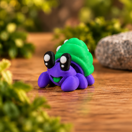 Purple Micro Hermit Crab with green shell, front view on a wooden surface.