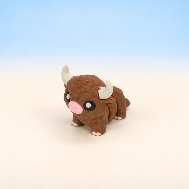 Micro Highland Cow 3D-printed miniature featuring a shaggy brown body, small horns, and a pink muzzle, on a light surface with a pale blue background.