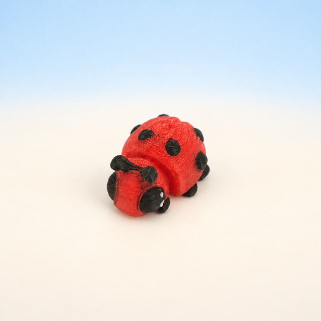 Micro Ladybug 3D-printed miniature featuring a red shell with black spots and a dark face, on a light surface with a pale blue background.