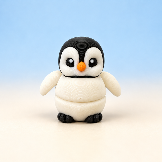 Micro Penguin 3D-printed miniature with a black and white body, pale wings, and an orange beak, on a light surface against a pale blue background.
