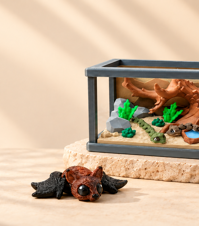 Oleon3D snake habitat, Micro Bat, D20 clicker, and Social Battery folding sign on a warm studio display.