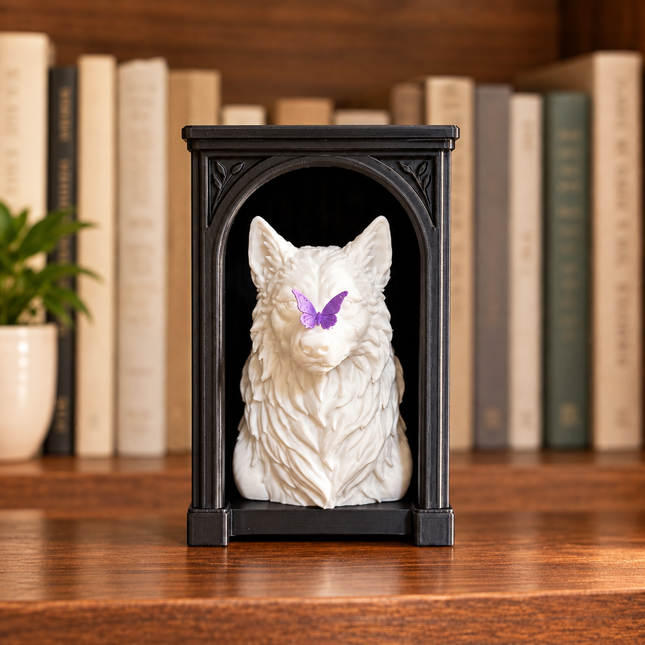 Onyx Book Nook with white wolf, purple butterfly and black arched frame