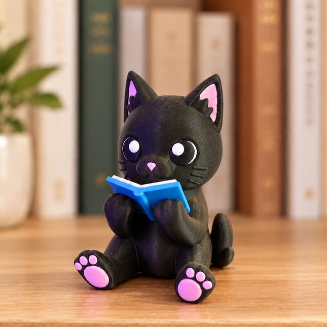 Reading Cat - Black bookish decor figurine