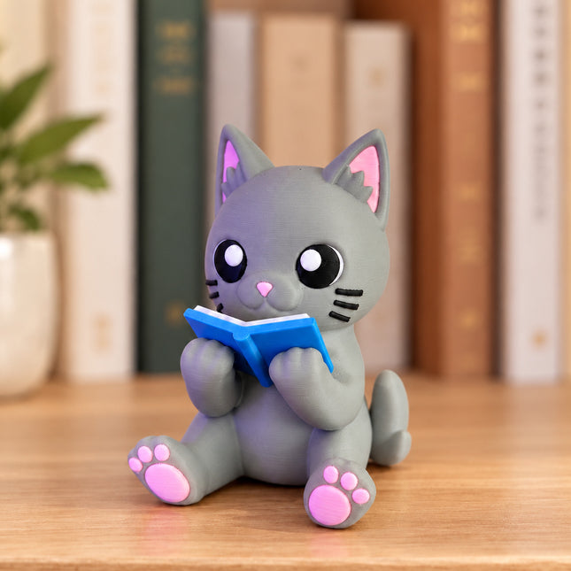 Reading Cat - Gray bookish decor figurine