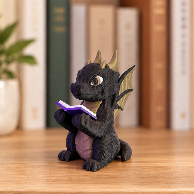 Reading Dragon - Black bookish decor figurine