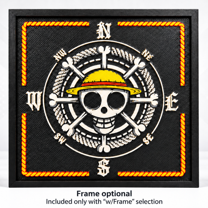 Straw Hat Pirate Compass 3D printed art in a black frame, front view. Frame optional; included only with w/Frame selection.