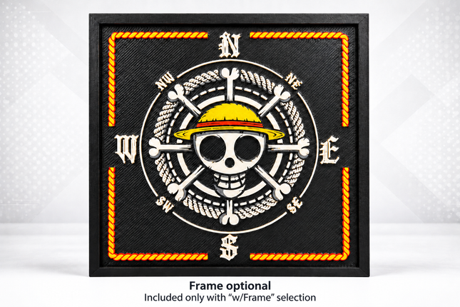 Straw Hat Pirate Compass 3D printed art in a black frame, front view. Frame optional; included only with w/Frame selection.