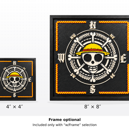 Straw Hat Pirate Compass framed art, 4-inch and 8-inch size comparison. Frame optional; included only with w/Frame selection.