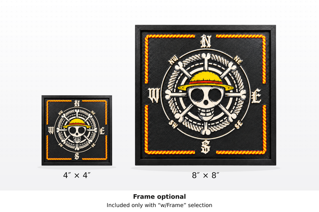 Straw Hat Pirate Compass framed art, 4-inch and 8-inch size comparison. Frame optional; included only with w/Frame selection.