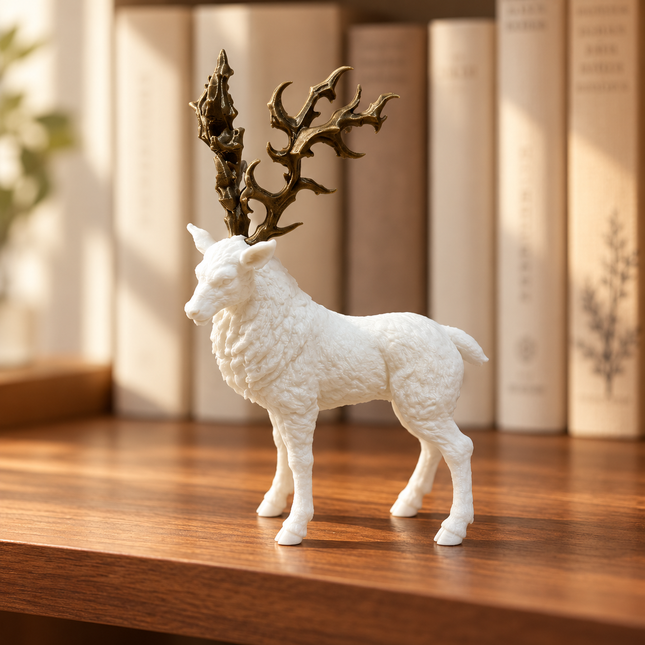 White stag figurine with bronze gold branching antlers